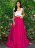 Two Piece Sexy Satin White Scoop Bownot Short Top Fuchsia Prom Dress LBQ0027